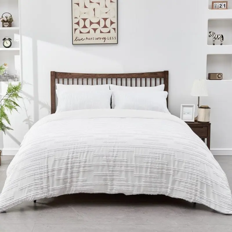 Signature Duvet Quilt Cover Set Tufted Quincy Bedding Luxury Single Double Super King Size Bed Soft Microfiber Polyester Charcoal Grey White 2