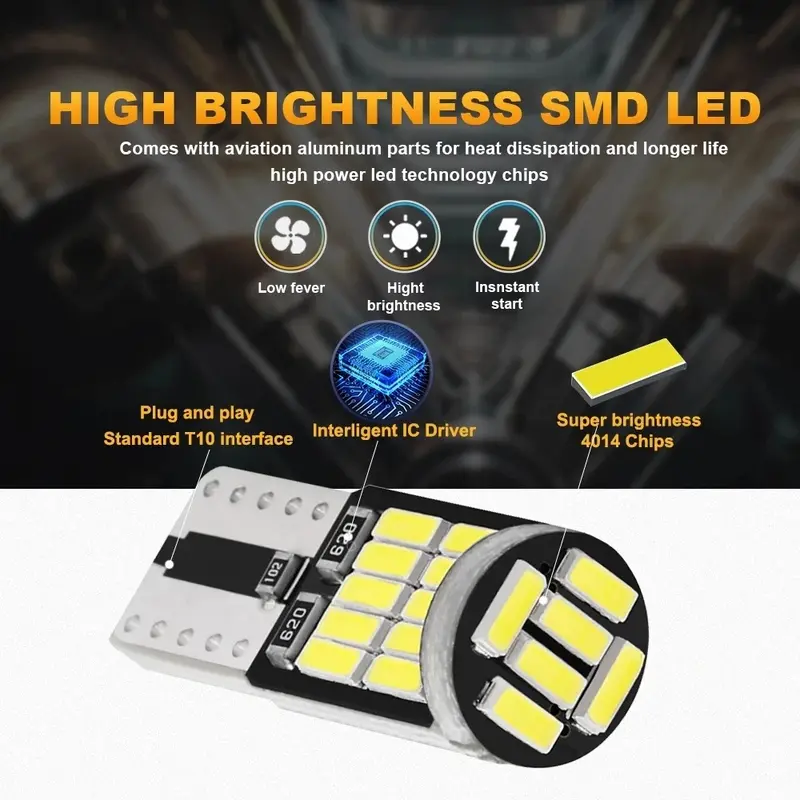 MJA ONLINE LED T10 W5W 26 SMD 4014 Chip Bulbs, Decode Error-Free for Motor Vehicle Interior, License Plate Illumination, 12V Dome Reading Lamps, Hardwired, No Battery 1