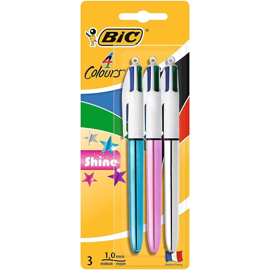4 Colours Shine Pens, Multicoloured Pen, Retractable Ballpoint Pens, Biro Pens, Medium 1.0mm, Green, Blue, Black, Red, 3 Pens Per Pack, 1 Pack
