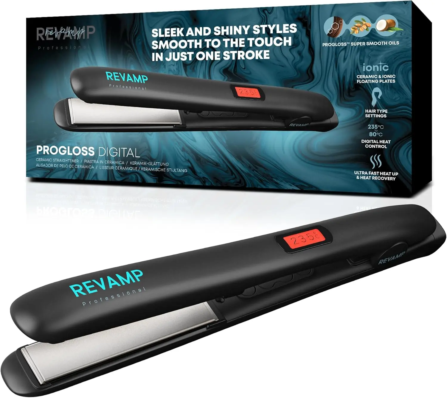 REVAMP Progloss Digital Ceramic Hair Straighteners - Slim, Lightweight, Salon Professional Straightening and Curling Hot Iron Styler