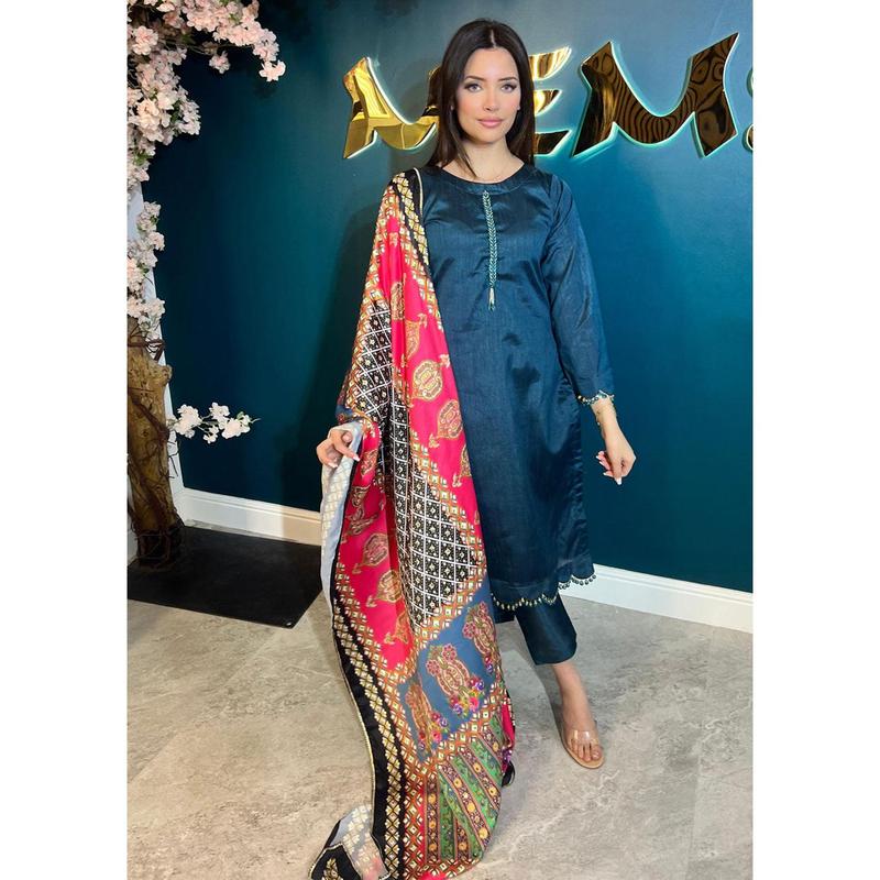HK265 Zarora - Teal Readymade Raw Silk Mummy n Me Suit 2
