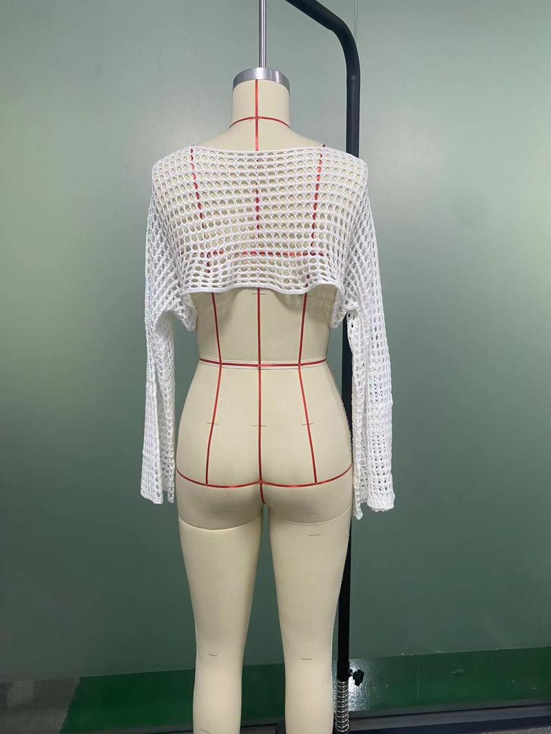 Product Introduction of Women Big Fishnet Long Sleeve Cropped Sweaters Summer Fashion Lady O-Neck Flare Sleeve Hollow Out Short Knitted Pullovers Knitwear Womenswear 5