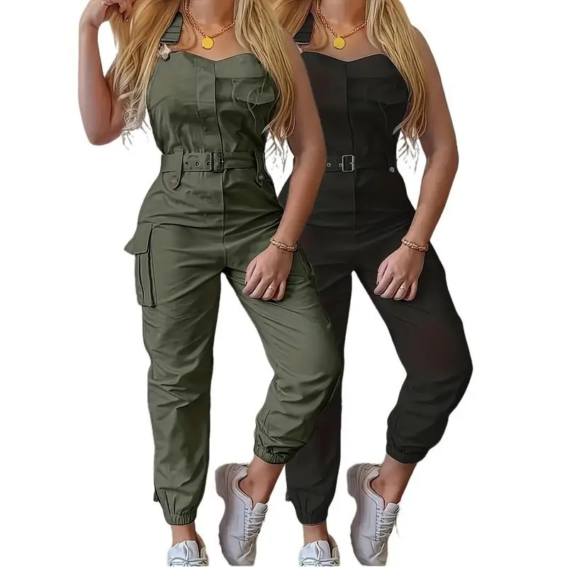 Solid Flap Pocket Belted Overall Jumpsuit, Casual Buckle Detail Loose Jumpsuit, Women's Clothing