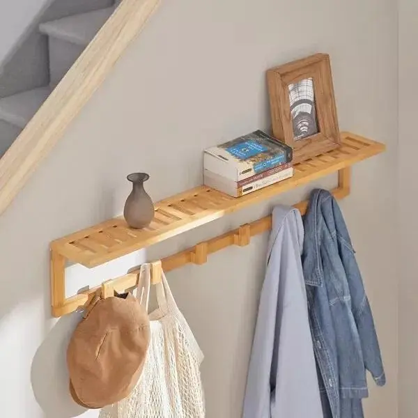 Bamboo 6 Hooks Clothes Towel Coat Hanger Wall Mounted With Display Storage Rack Hanging Shelves Decor Organiser Decorative Room Hangable 1