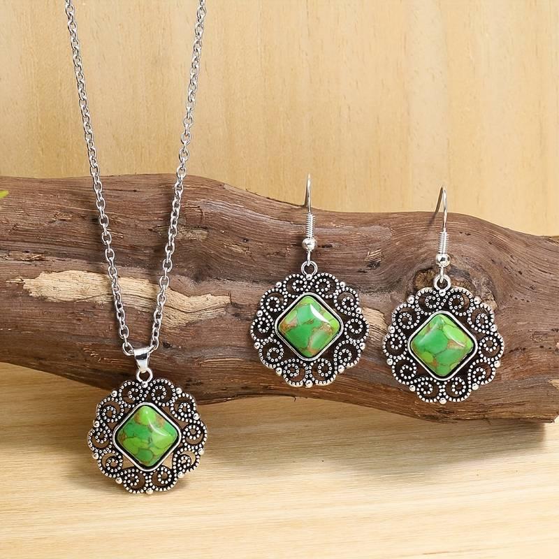 Boho Style Jewelry Set with 3-Piece Earrings and Necklace, Inlaid Green Gemstone and Cute Flower Edge - Great Gift for Her 4