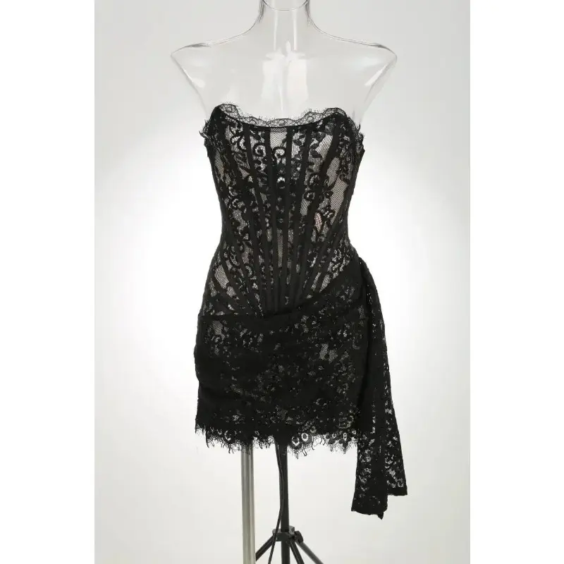 Sexy Lace See-through Patchwork Corset Dress Female Elegant Party MIrrgualr Mini Dress Women Tube Top Dress New 7
