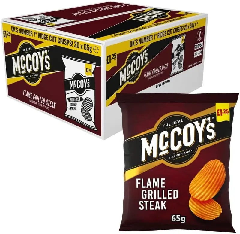 McCoy's Ridge Cut Crisps, Multipack Boxes, Potato Crisp Snacks (20 Sharing Bags x 65g, Flame Grilled Steak) Flavor 0