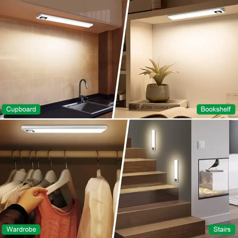 AIBOO 4 Pack Set 20CM 8 Inch LED Motion Sensor Lights, Wireless USB Light Rechargeable 72LED Under Cupboard Kitchen Lights With Magnetic For Wardrobe Stair Cupboard Lights 8