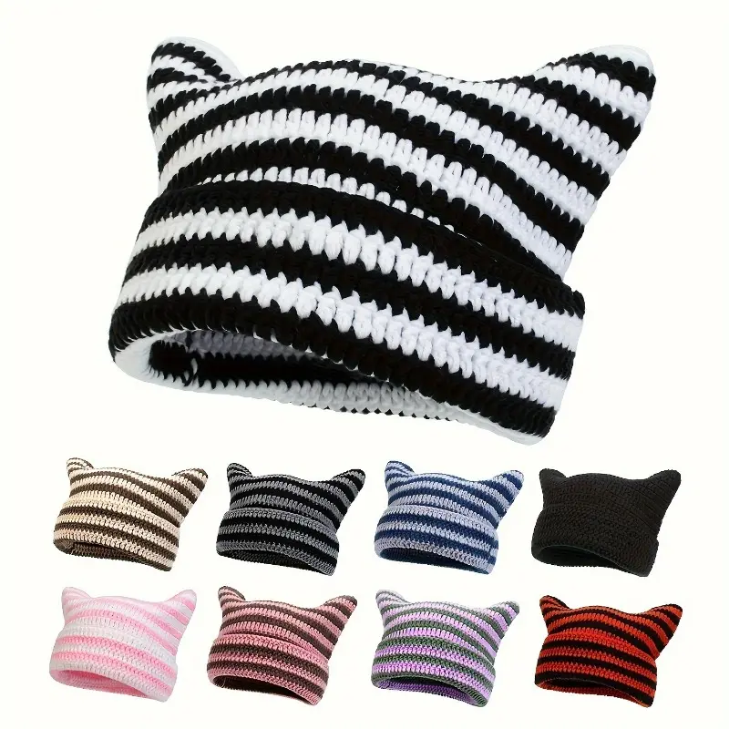 1pc Little Devil Cat Ear Pure Handmade Crochet Knitting Bean Hat, Unisex Outdoor Street Casual Fashion Hip-hop Hat, Cool Versatile Hood 0