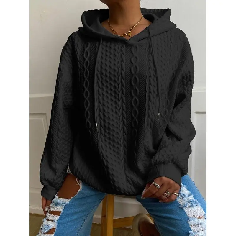 Plus Size Casual Hoodie, Women's Plus Solid Ribbed Long Sleeve Slight Stretch Hoodie Drawstring Sweatshirt Womenswear Tops Comfort Pullover Basic Minimalist 2