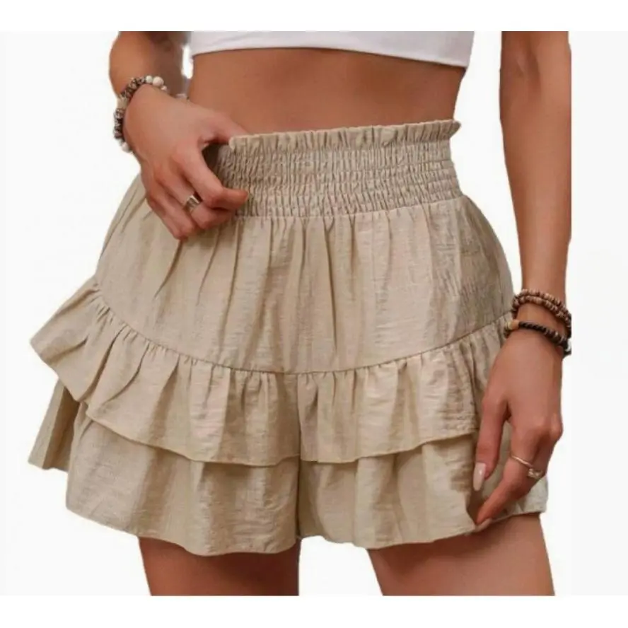 Women's Frill Trim Ruffle Hem Shirred High Waist Shorts, Boho Casual Tiered Layer Shorts for Spring & Summer, Summer Shorts for Women, Back To School, Ladies Elegance Minimalist Shorts, Wide Leg Shorts for Women, Ruffle Shorts