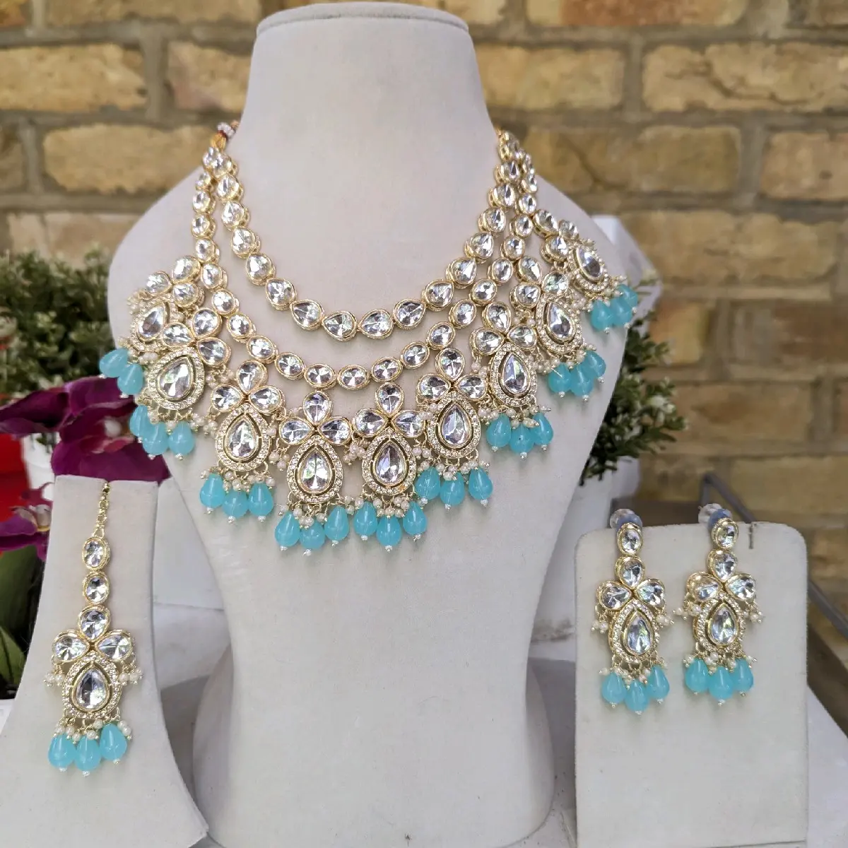 3 layers kundan necklace jewellery set for bridal