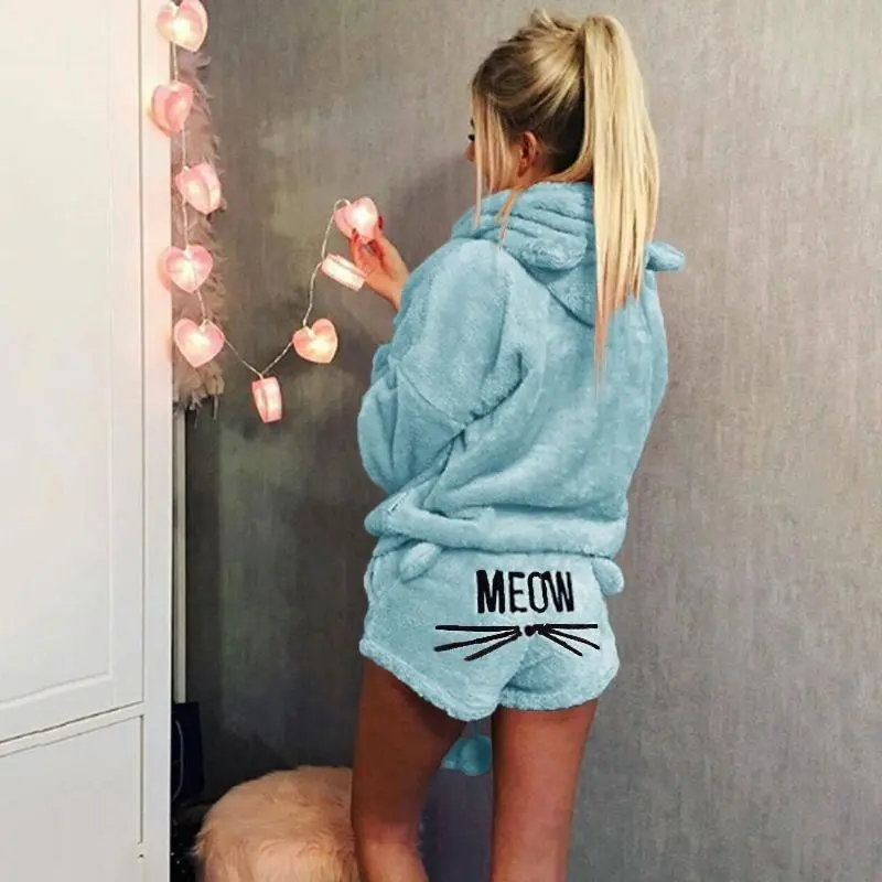 Women Coral Velvet Pajamas Set Autumn Winter Warm Pajamas Two Piece Set Sleepwear Cute Cat Meow Pattern Hoodies Shorts Set Loungewear Womenswear 1