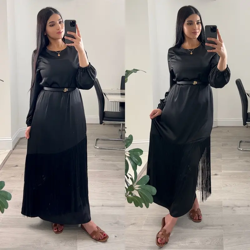 Women's Premium Quality - Satin Tassel Dress, Full Sleeve, Long Length Maxi, Elegant Belted Fringe Abaya for Party, Holiday or Daily Wear, Perfect for Spring, Summer and Autumn 2