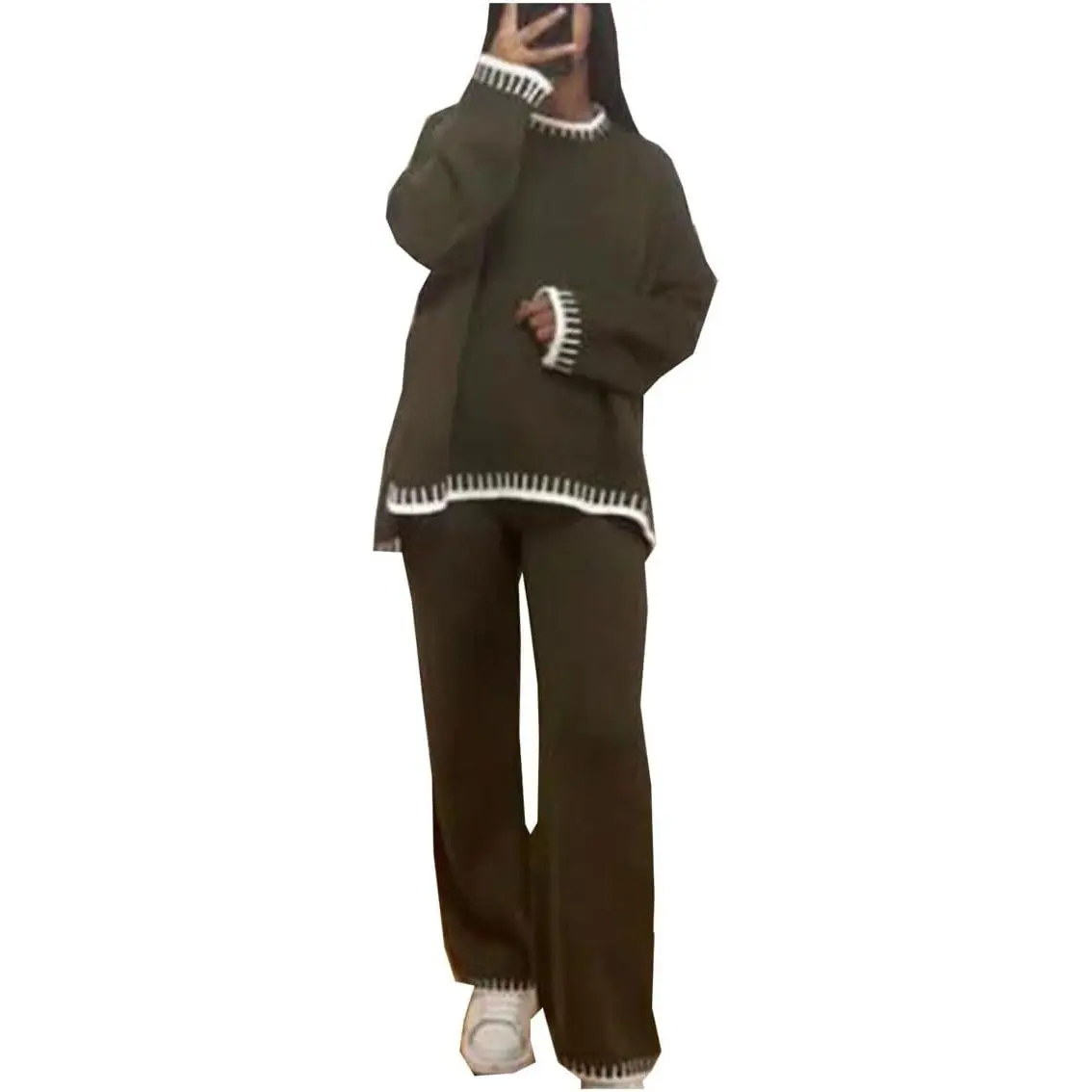 Womens Knitted Lounge Wear Ladies Wide Leg Palazzo Top Tracksuit 2 Pcs Co Ord Set