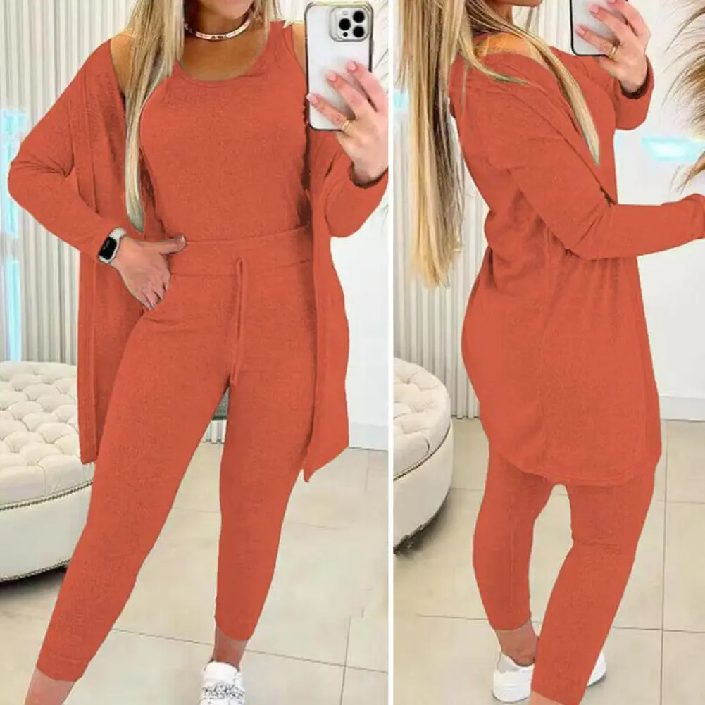 Elegant Fall Outfits Women 2023 Suit Fashion Versatile Casual Round Neck Tank Top & Drawstring Pants Set with Coat Three-piece