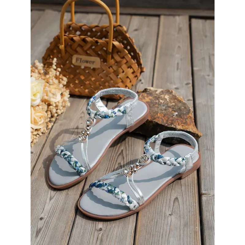 WRCVS Summer Women  Woven Flat Sandals Grey Sewing Thread Anti-Skid Beach Shoes Light Flower Patterns Random Colors 8