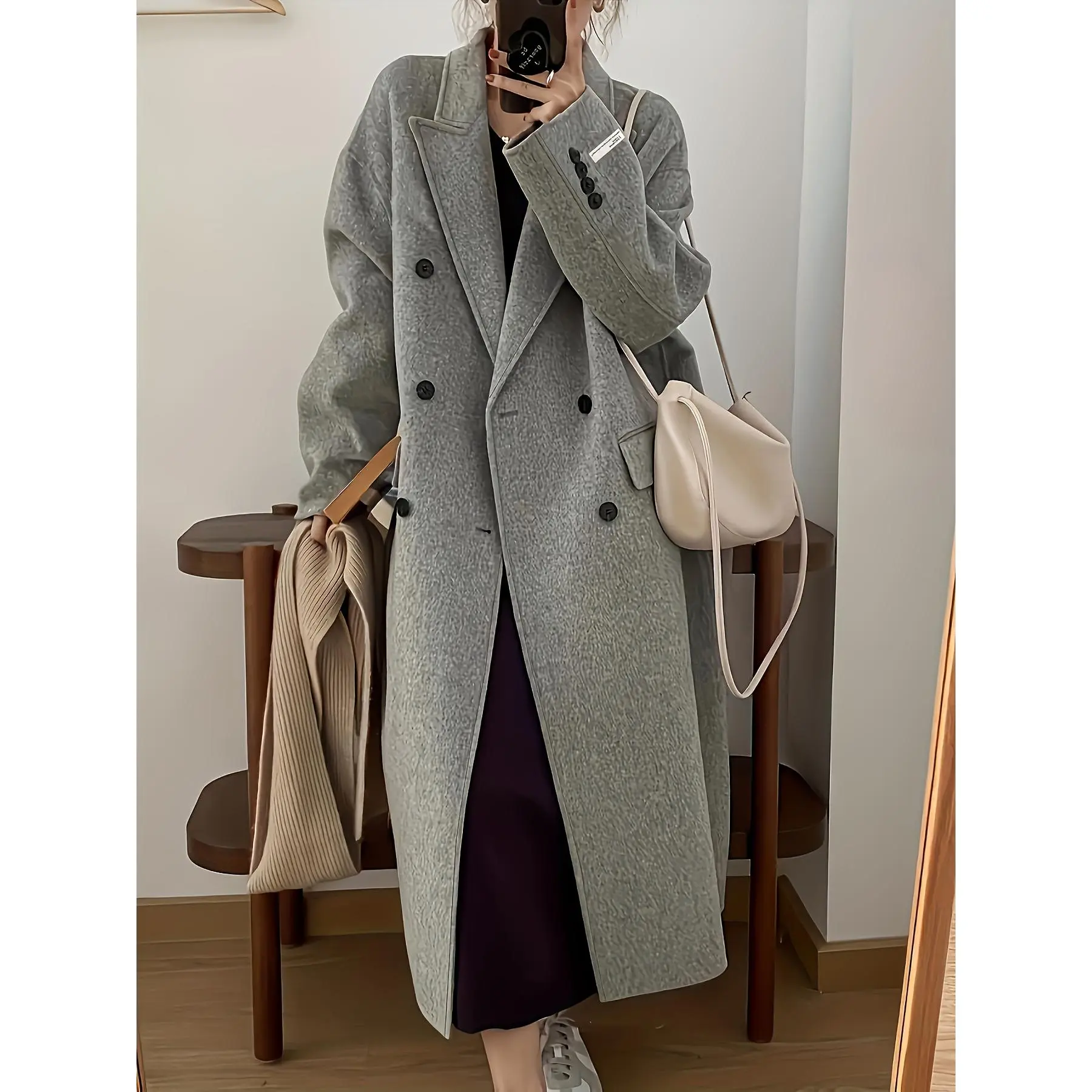 Elegant Double-Breasted Long Sleeve Mid-Length Overcoat - Wool & Blends Outerwear for Fall & Winter - Women's Stylish Lapel Collar Coat for Cold Weather