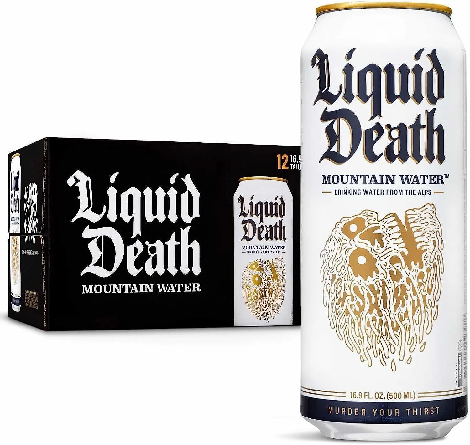Liquid Death Still Mountain Water Can 500ml -Pack of 12, Murder your thirst with Drinking Water from the Alps Beverage