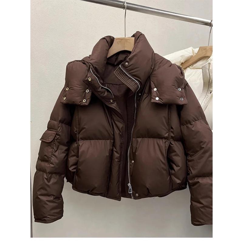 Women Puffer Jacket Winter Warm Thick Long Sleeve Oversized Hooded Short Parkas Mujer Female Solid Loose Crop Coat Outwear Womenswear Tops Underwear Lady Fitted Casual Comfort Basic Minimalist Outerwear 5