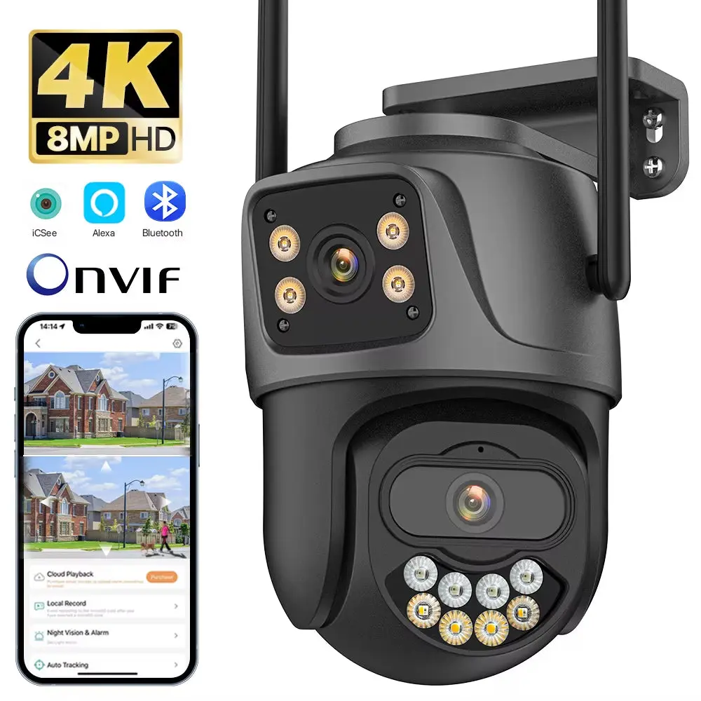 PTZ Camera Dual Lens 4K 8MP HD Outdoor IP Camera Tracking Security Protection CCTV Card Remote Phone Recording