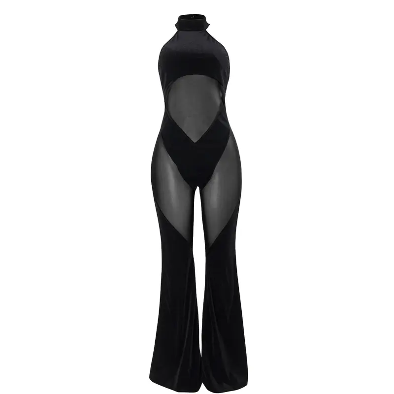 Women&#039;s New Hanging Neck Sexy Stitching Solid Color Sleeveless Mesh Stitching Casual Jumpsuit 1