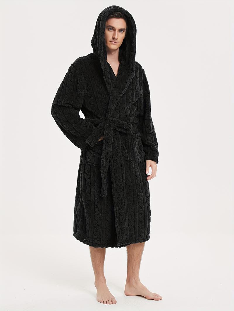 Product Introduction of Men's Comfy Solid Fleece Robe Home Hooded Pajamas Wear With Pocket & Hair Dry Hat, One-piece Lace Up Kimono Night-robe Warm Sets After Bath 0