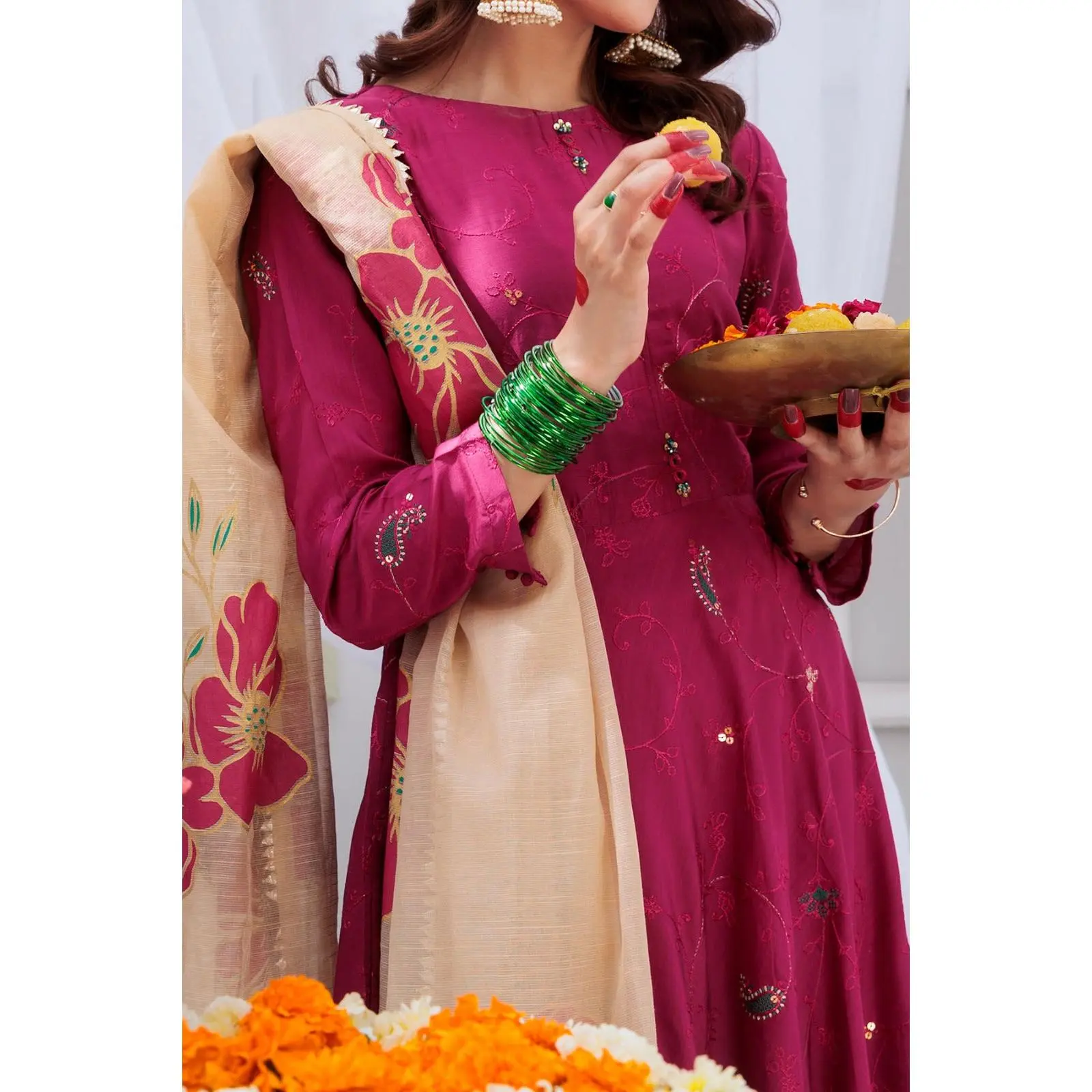 Pink embroidered viscose frock with trouser and Screen printed slub dupatta
