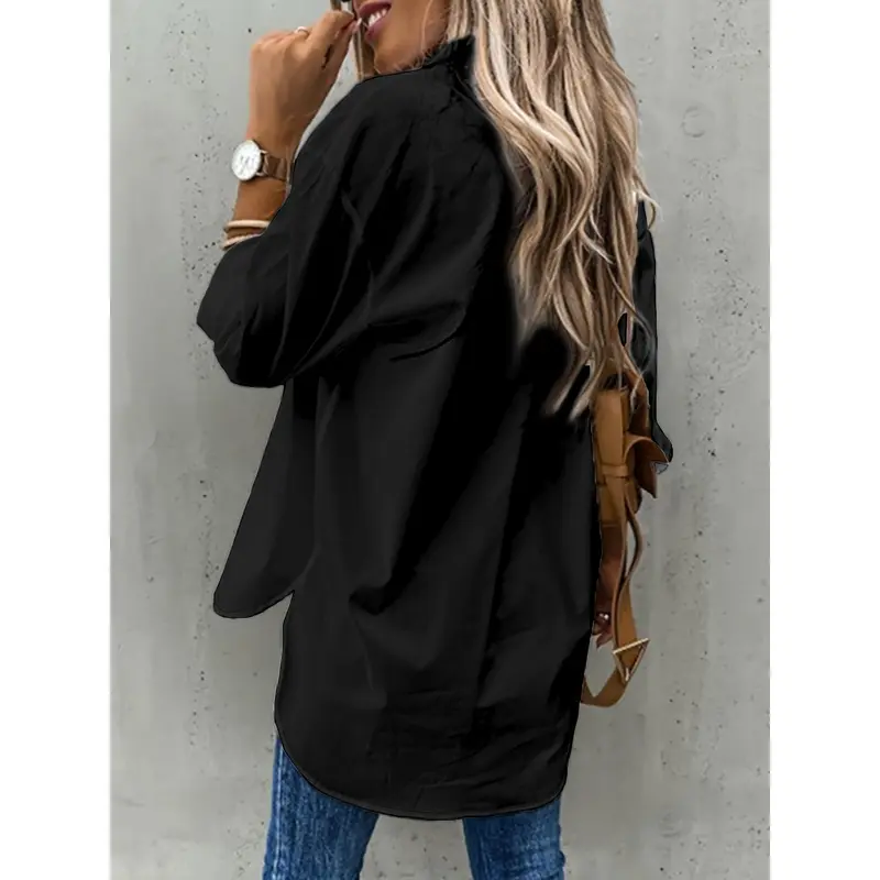 Button Front Long Sleeve Shirt, Casual Solid Office Shirt With Collar, Women's Clothing 5
