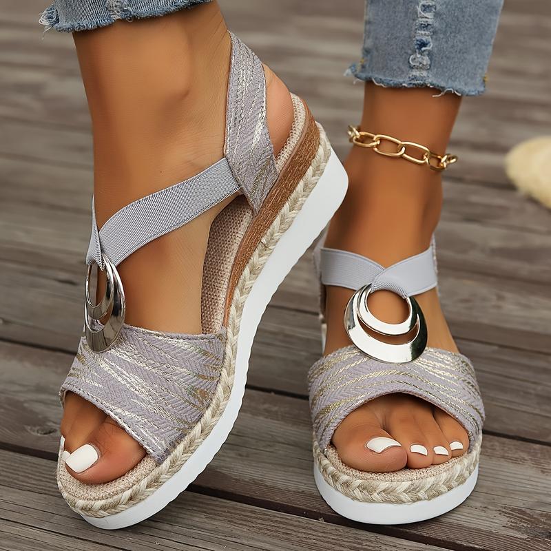 Product Introduction of Women's Solid Color Elegant Sandals, Metallic Buckle Design Platform Slingback Shoes, Casual Wedge Peep Toe Shoes Girl Footwear 3