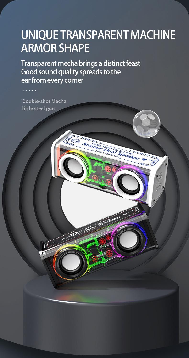 Product Introduction of New transparent dazzle colour light bluetooth speaker V8/small steel cannon bass/support tandem mecha 5