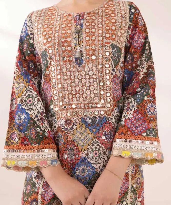 SAPPHIRE ORIGINAL slub Khaddar Shirt & Farshi Plazo Set - Multicoloured Tilla & Sequin Embroidery - Casual, Fit 6