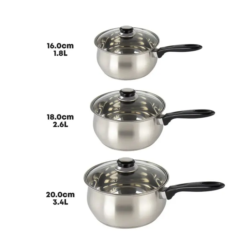 Lustro 3-Piece Stainless Steel Cookware Saucepan Set - Black Handles - 16 / 18 / 20cm 3