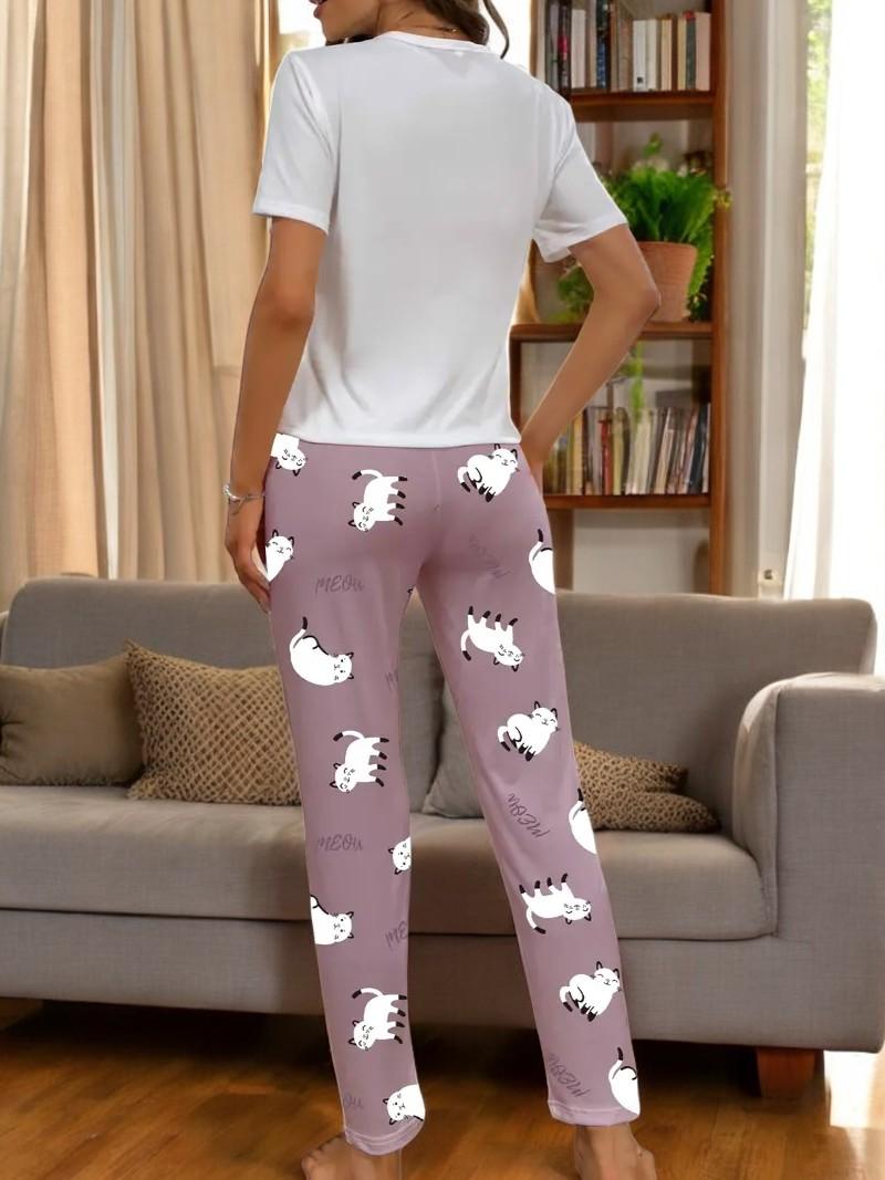 Product Introduction of Women's Cute Kitty Print Pyjama Set – Soft & Comfy Loungewear, Breathable Sleepwear, Relaxing Matching Top & Pants 5