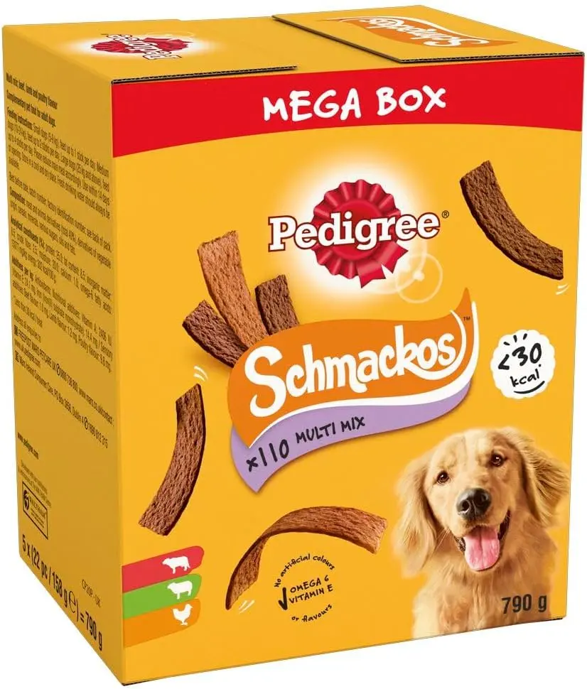 Schmackos Mega Pack 110 Strips Snacks, Dog Treat Multipack with Beef, Lamb and Poultry Flavours, 790 g (Pack of 1)