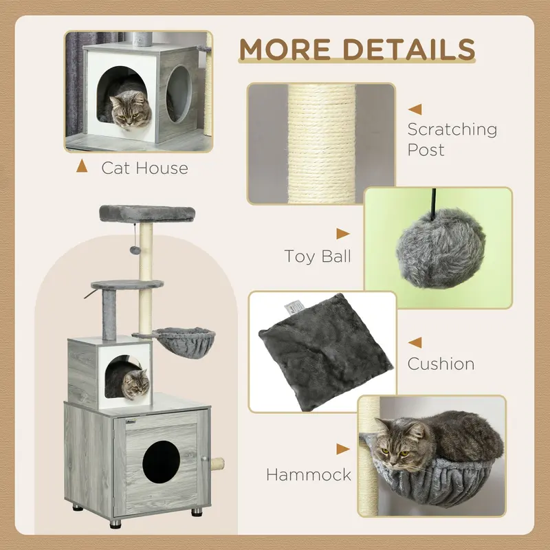 PawHut Enclosed Cat Litter Box with Cat House, Cat Bed, Scratching Posts, Platforms, for Indoor Cats - Grey 4