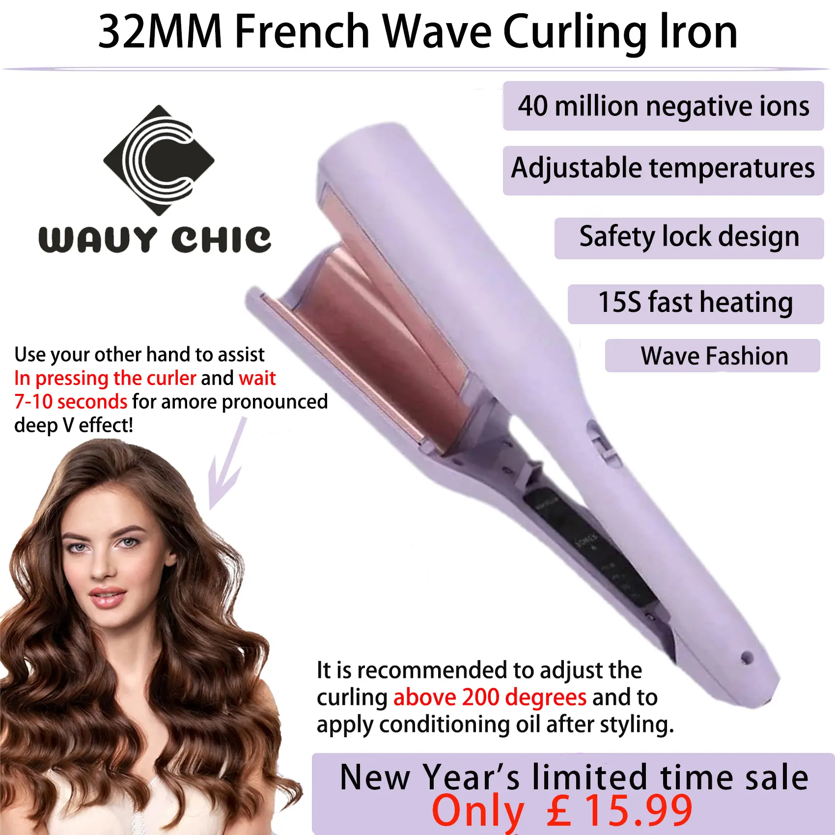 【New Upgrade】French Wave Curling Iron, Romantic French Egg Roll Curling Iron, Water Ripple Egg Roll 32mm French V-Shaped Curling Iron, 1.8 M Cable 4-Speed Temperature Adjustment, Fast Heating Adjustable Temperature, Suitable for Any Hairstyle Hair Type