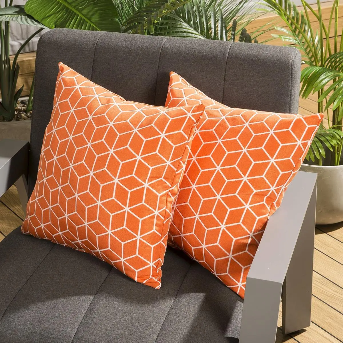 Pair of Luxury 450mm Garden Scatter Cushion Orange Geometric