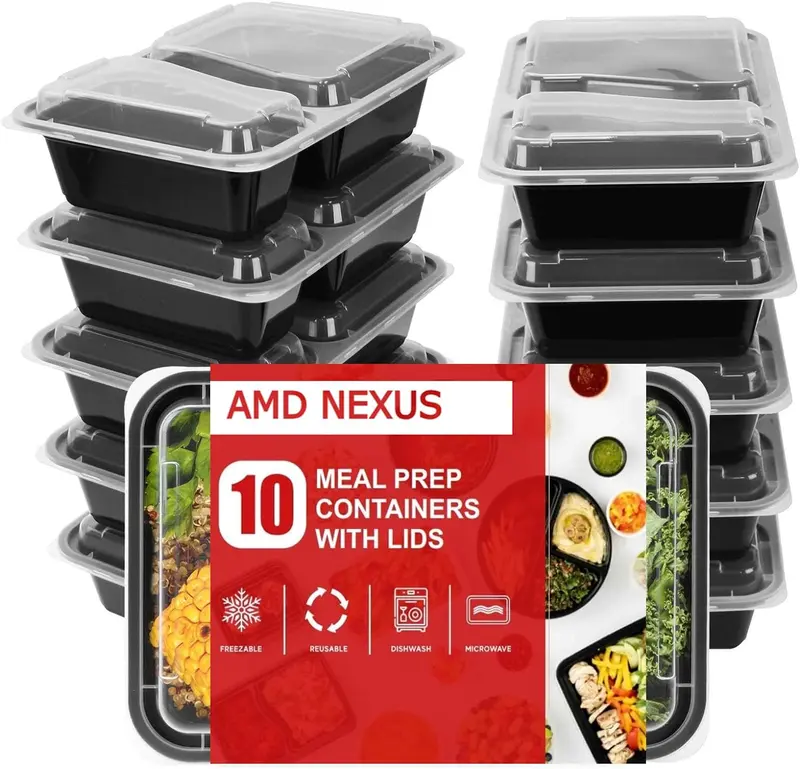 2 Compartment Plastic Meal Prep Containers - Reusable BPA Free Food Containers with Airtight Lids - Microwavable, Freezer and Dishwasher Safe Kitchen Thick Utensils Storage Food Storage 0