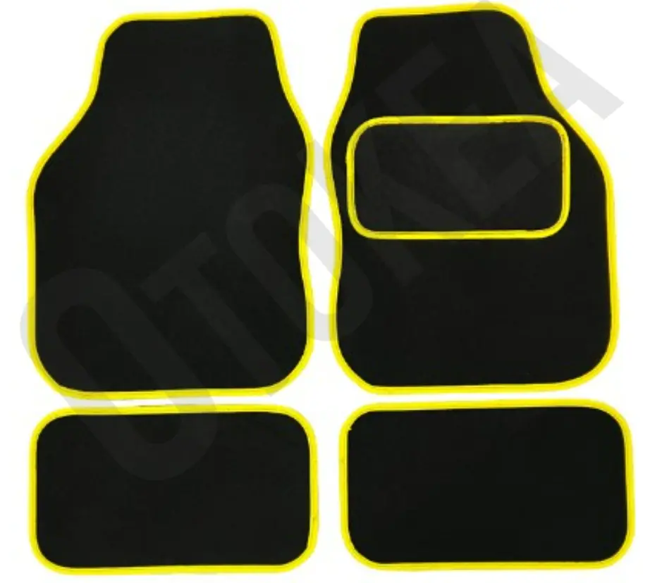 4PC Universal Car Floor Mats Non-Slip With Heel Pad Yellow Trim