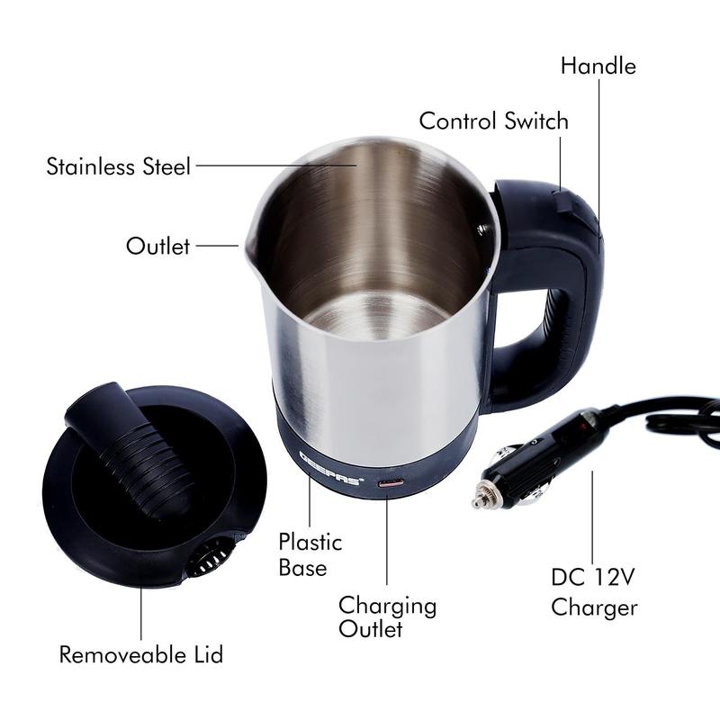 Geepas 24V Travel Kettle 500ML Truck Kettle Hot Water Portable Kettle Cigarette Lighter 3