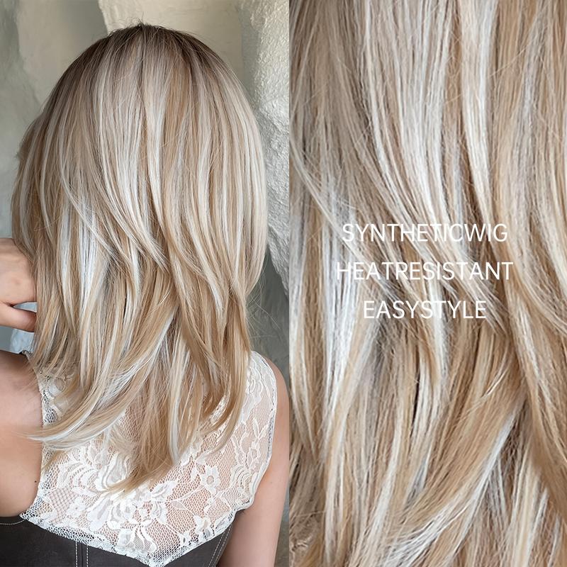 Natural-Looking 18 Inch Ombre Bob Wig for Women - Cute Layered Mixed Blonde Synthetic Straight Hair - Perfect for Any Occasion 1