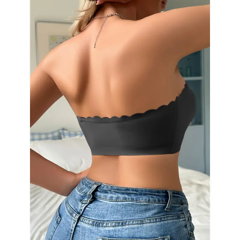 Women's Solid Scallop Trim Hook & Eye Front Wireless Bandeau Bra, Comfortable Breathable Seamless Strapless Bralette for Daily Wear, Lingerie Top for All Seasons Womenswear Bridal Basic Black Minimalist 2