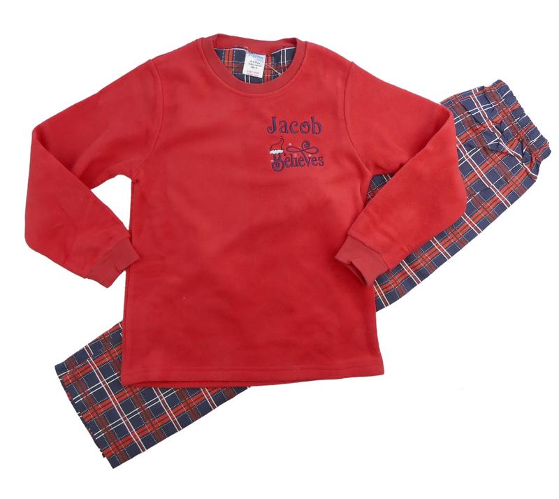 Unisex Red Feecey Christmas Pyjmas Personalised with Childs Name and the emblem Believes Sizes from 4-5 Years up to 9-10 Years Gorgeous Soft Fleecey top and Tartan Bottoms ***Make sure to message me with the name you would like*** 1