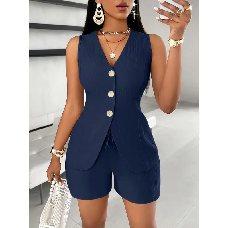 Conjunto de Pantalones Elegantes de Color Sólido, Chaleco Ajustado de Cuello en V de un Solo Pecho y Pantalones Cortos Sencillos para el Verano, Ropa de Mujer 2