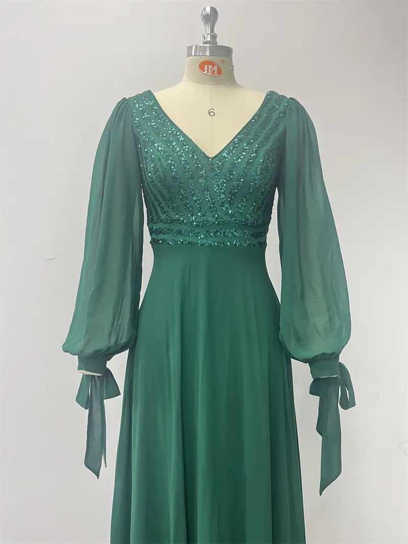 Product Introduction of New long-sleeved lace-up high-quality double V-neck bead splicing chiffon A-shaped large pendulum fully lined party evening dress 9