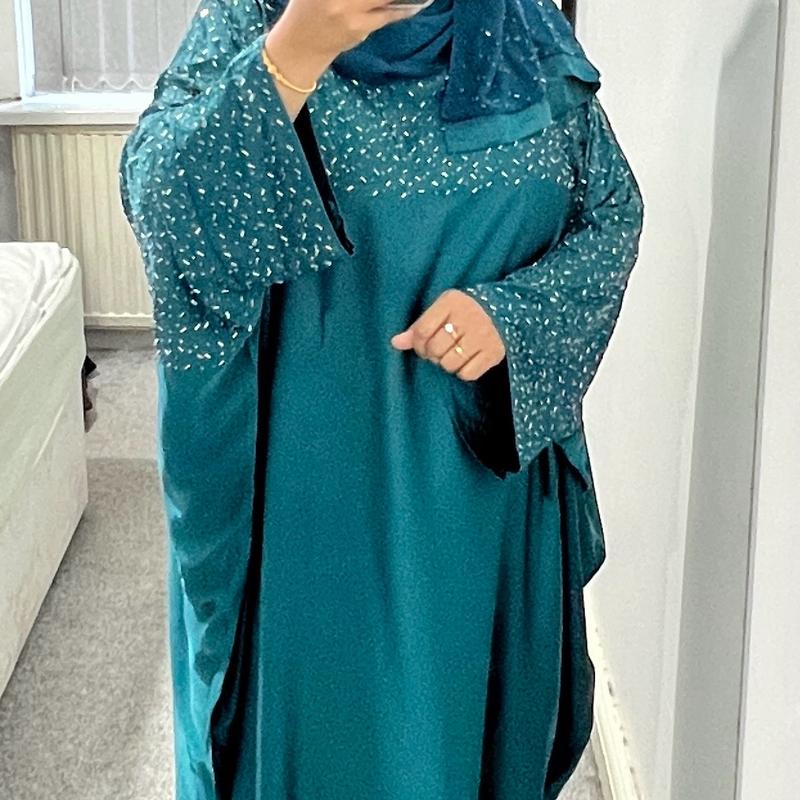 Halima Butterfly Satin Kaftan Abaya with attached Belt inside and matching hijab 4