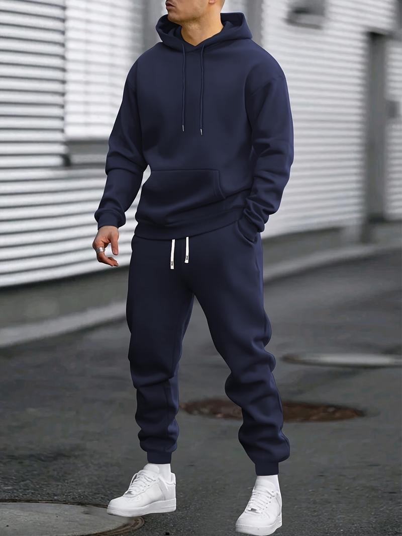 Product Introduction of 1set Polyester Men's Casual Sports Suit, Hooded Sweatshirt and Jogger Pants Set with Elastic Waist, Cuffed Ankles, Pockets, Regular Fit for Outdoor Running and Jogging - Spring/Autumn Collection 0