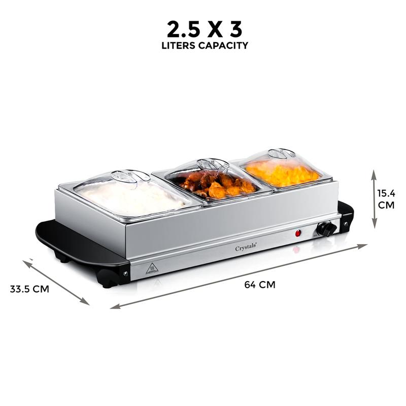 Crystals 3-Piece 2.5L Electric Food Buffet Server Set with Adjustable Temperature Hot Tray 1