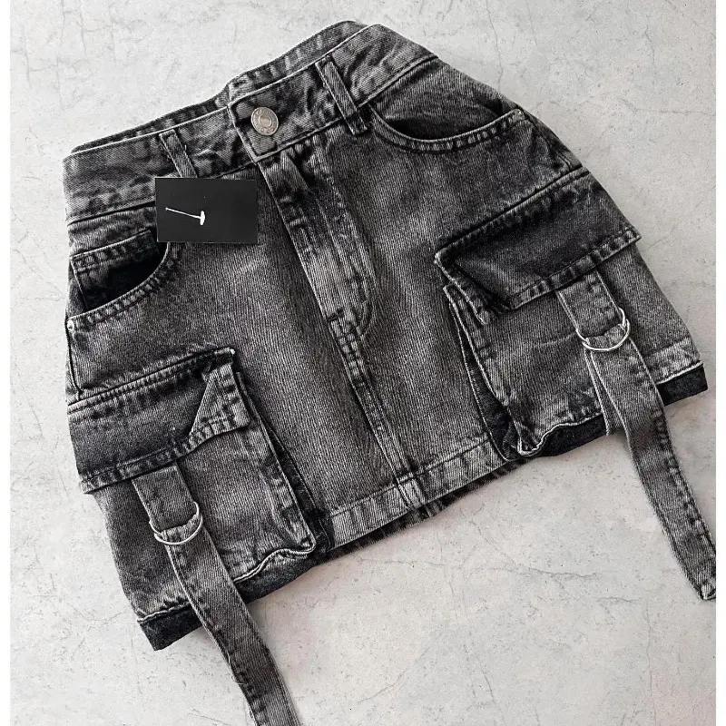 Harajuku Multiple Pockets Denim Plaid Skirt Vintage Goth Black Y2k Mini Skir Fashion Womens Casual Versatile Sexy Streetwear